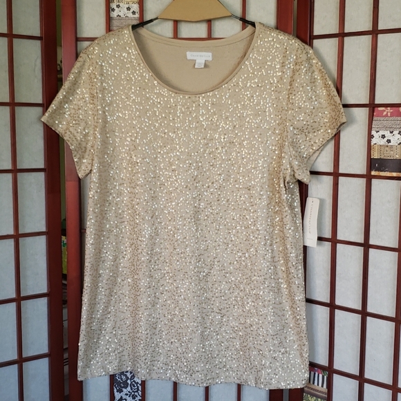Charter club gold sequin short sleeves new woman  top size  large - Picture 1 of 4
